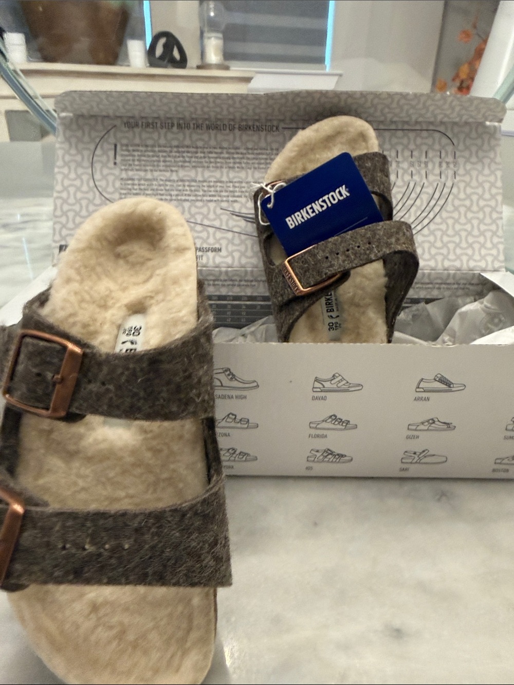 Birkenstock Arizona Shearling-Trim Felt Sandals in Gray and Cream